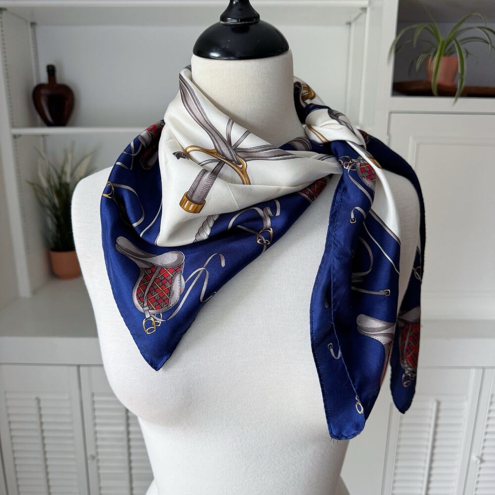 Navy Blue White Silk Equestrian Print Square Scarf